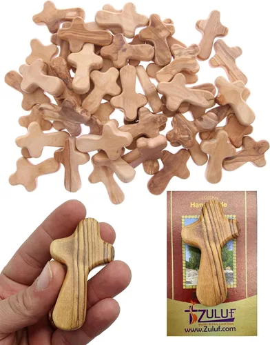 Zuluf 50 Pequeñas Cruces de Mano de Madera de Olivo Fábrica de Belén | Cruces de Madera de Olivo de Meditación de Mano de Belén Israel | 6cm / 2.5