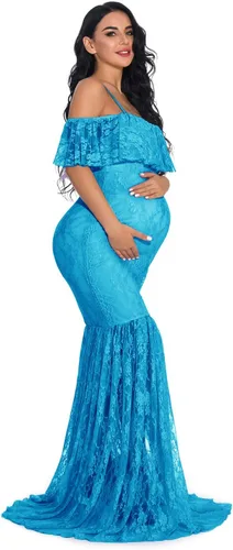 Miniatura 3 de ZIUMUDY Vestido de maternidad de encaje ajustado con mangas con volantes y hombros descubiertos, vestido de fotografía para baby shower