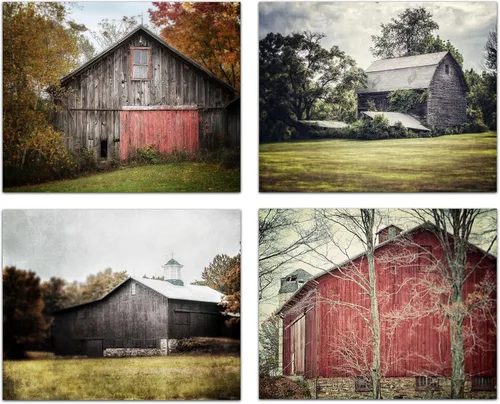 Lisa Russo Fine Art - Juego de 4 impresiones fotográficas sin marco de 11 x 14 pulgadas de aspecto vintage rústico rojo y gris para decoración de