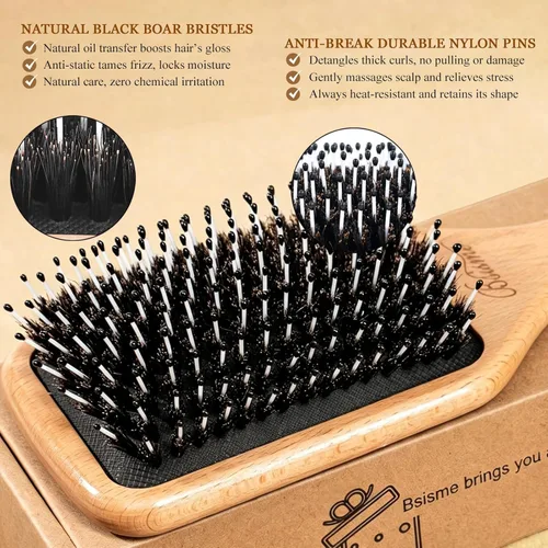 Miniatura 3 de Bsisme Cepillo para el Cabello - Cepillo de Cerdas de Jabalí con Pines Desenredantes Cepillo Desenredante de Paleta de Madera para Mujeres y Hombres