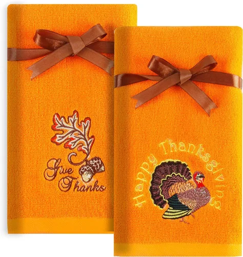 Quera Paquete de 2 toallas de mano de otoño de Acción de Gracias, hojas de otoño, pavo, bordadas, decoración de lujo de primera calidad, juego de