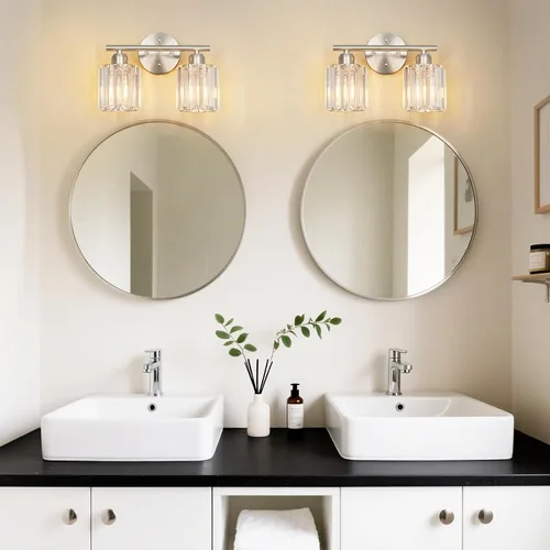 Miniatura 7 de Moderna lámpara de tocador de cristal de 2 luces, lámpara vertical de baño de níquel cepillado sobre espejo para tocador y lavabo, compatible
