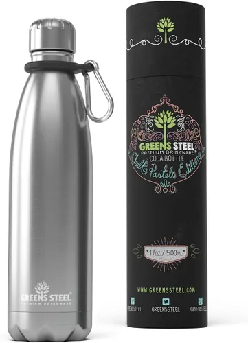 Miniatura 13 de Greens Steel Botella de agua de acero inoxidable, 17 onzas, color negro, doble pared aislada al vacío con tapa de rosca y a prueba de fugas, termo