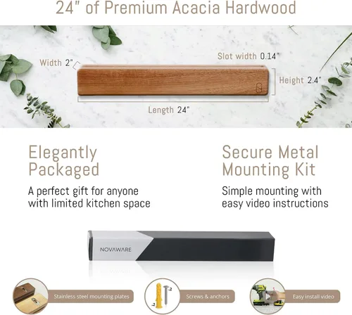 Miniatura 3 de Soporte magnético para cuchillos de 24 pulgadas para pared con 2 almacenamiento y madera encantadora, tira magnética para cuchillos, almacenamiento