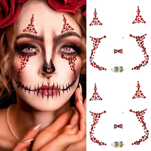 2 piezas de joyas de Halloween para la cara, tatuajes, Día de los Muertos, tatuajes temporales de calavera con diamantes de imitación, piedras de