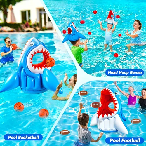 Miniatura 4 de Juguetes de juego de piscina, flotadores de piscina, juguetes de agua de tiburón 3 en 1 inflables de baloncesto y juegos de pelota de fútbol y aro