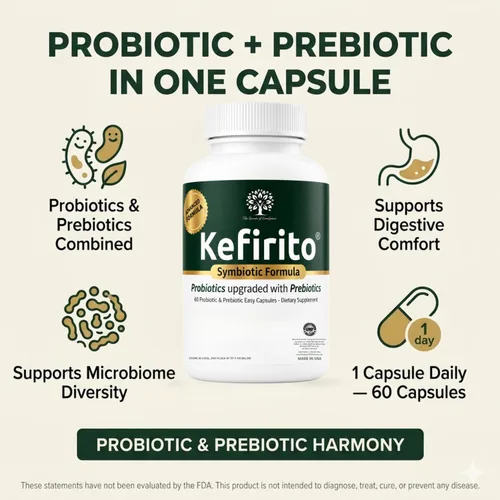 Miniatura 10 de Kefirito Daily Symbiotic Formula – Suplemento diario probiótico + prebiótico, 60 cápsulas – Absorción equilibrada de nutrientes y apoyo de comodidad