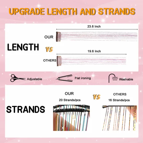 Miniatura 5 de Kit de oropel de cabello con clip, 23.6 pulgadas, oropel dorado resistente al calor, extensiones de cabello de hada con clip, accesorios