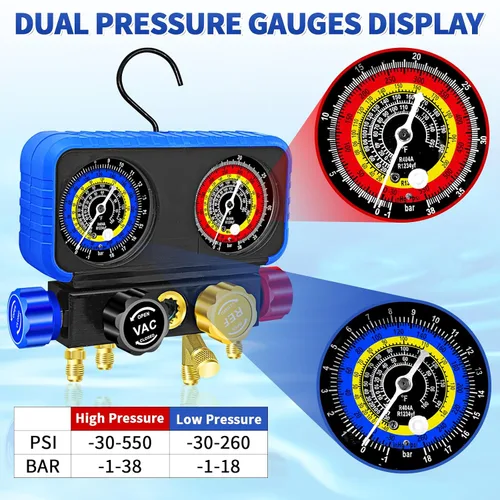 Miniatura 3 de Boltigen Juego de medidores R1234yf, juego de colector de CA de 4 vías para R1234yf R134a R404a, kit de recarga de aire acondicionado refrigerante
