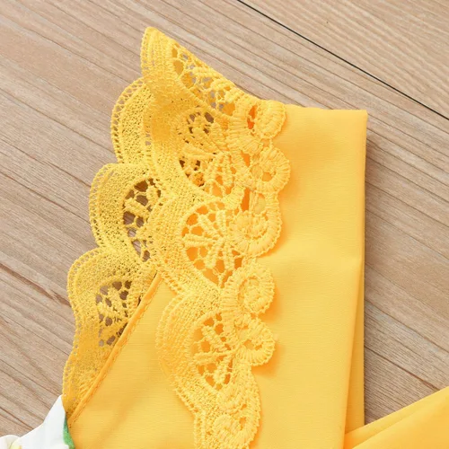 Miniatura 6 de Mameluco con estampado de manga mosca de encaje para niñas recién nacidas, conjunto de diadema para baile 2t (amarillo, 9-12 meses)