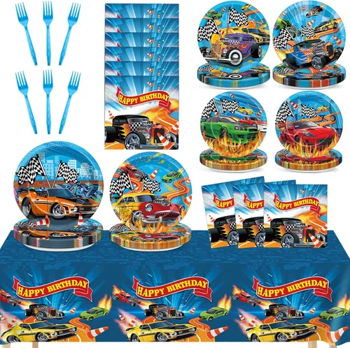 98 piezas de suministros de fiesta de autos de carreras, platos de papel para autos calientes, servilletas, manteles temáticos de carreras, cubierta