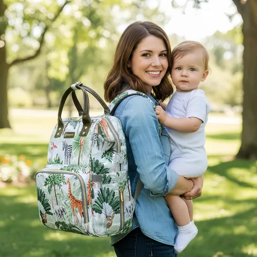 Miniatura 5 de Mochila para pañales de selva tropical, mochila para pañales con diseño de animales con bolsa para monedas, puerto de carga USB, correas para Blanco