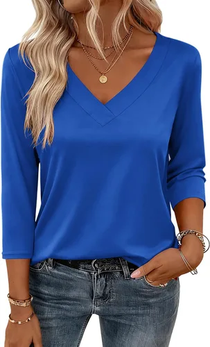 Miniatura 12 de Zeagoo Camisetas de manga 3/4 para mujer, cuello en V, blusa casual elegante, camisetas básicas 2026, ropa de moda S-2XL