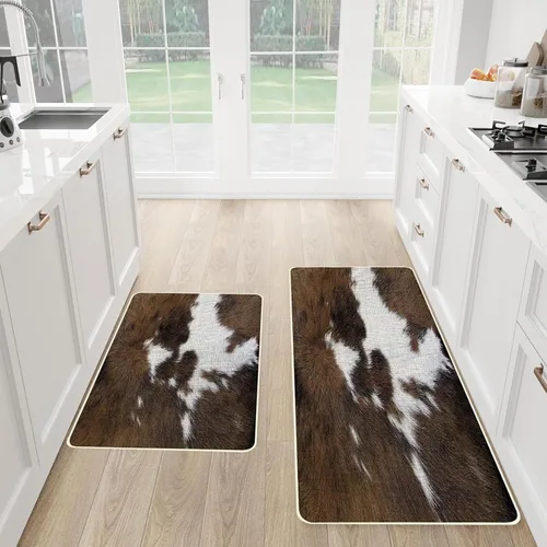 TOMWISH Alfombra con estampado de vaca, tapete de cocina de piel de vacuno para piso, 2 piezas, diseño de vaca occidental, antideslizante, para