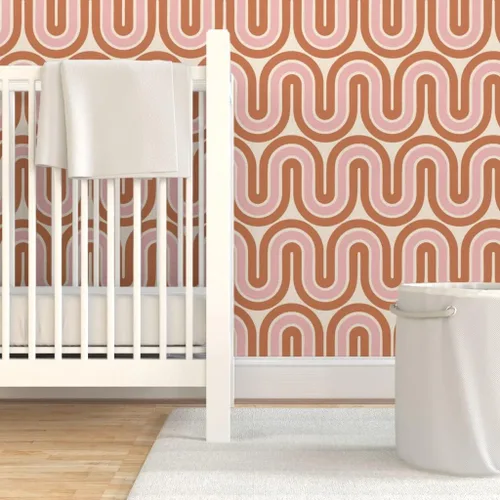 Miniatura 6 de Papel tapiz para despegar y pegar, diseño retro de mediados de siglo, líneas rosadas y marrones, decoración del hogar, olas, papel tapiz extraíble