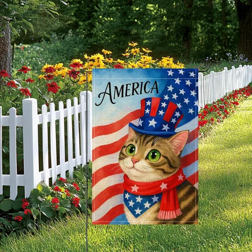 Miniatura 2 de HOMETITUTE Bandera de jardín de gato de 12 x 18 pulgadas, bandera de arpillera vertical de doble cara para patio, bandera patriótica de Estados