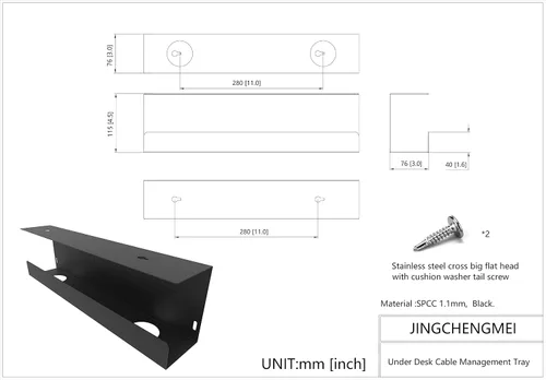 Miniatura 2 de Bandeja de gestión de cables para debajo del escritorio de 17 pulgadas de ancho, soporte para regleta de alimentación, organizador de cables
