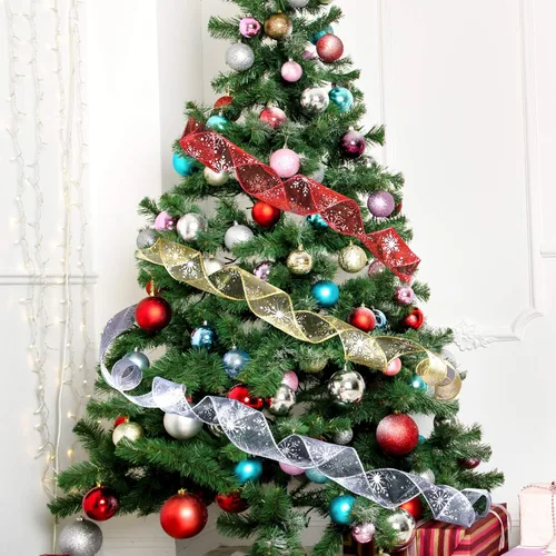Miniatura 4 de Cinta con alambre de 2.5 pulgadas de Navidad con copo de nieve, cinta de organza con purpurina para árbol de Navidad, corona, decoración de fiesta