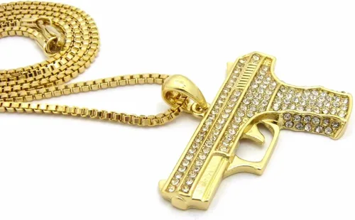 Miniatura 2 de Mens Iced Out ametralladora AK47Chopper, arma Uzi, pistola de mano, caja colgante, cuerda, cadena cubana, set de 3 collares con dije