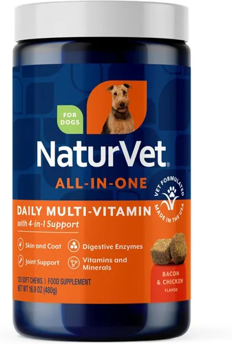 NaturVet Suplemento Todo en Uno para Perros - para el Apoyo de las Articulaciones, Digestión, Cuidado de la Piel y el Pelaje – Multivitamínico para
