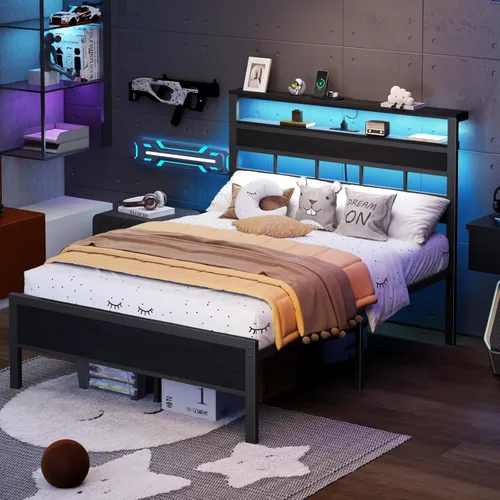 Miniatura 5 de Furnulem Base de cama de tamaño matrimonial con luz LED y estación de carga, cabecera de almacenamiento de madera con estantes de 2 niveles, cama