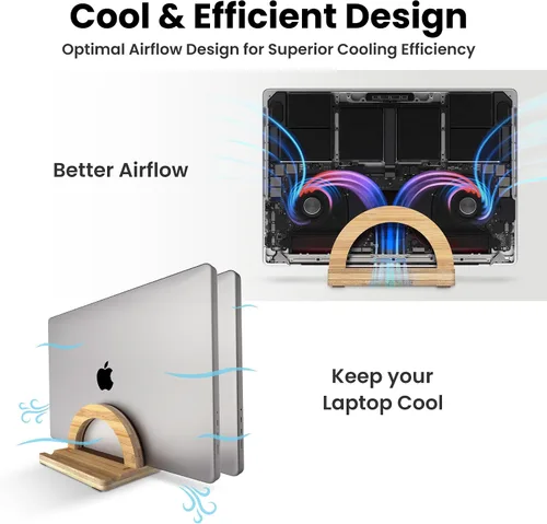 Miniatura 5 de Kothar Soporte vertical de madera prémium para laptop, soporte de bambú ajustable de doble ranura para MacBook, Dell, HP y más Organizador