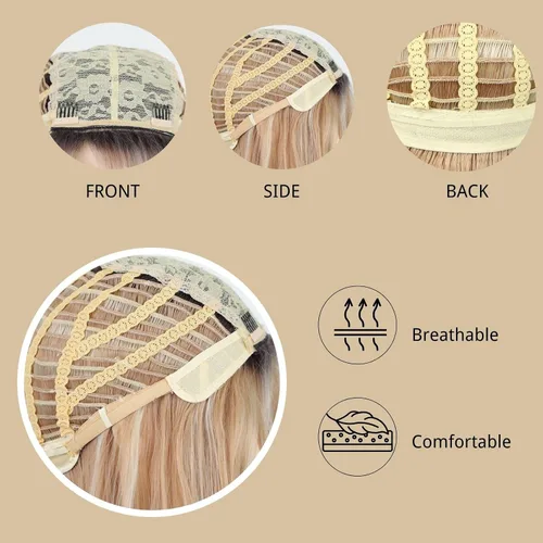 Miniatura 5 de Fencca Pelucas rubias degradadas con reflejos para mujer, peluca ondulada en capas con flequillo, sintética natural, resistente al calor