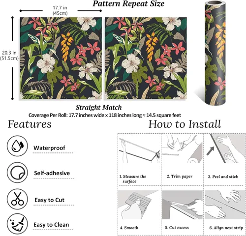 Miniatura 9 de VEELIKE Papel tapiz floral negro de 17.7 x 118 pulgadas, papel tapiz tropical oscuro para dormitorio, baño, autoadhesivo, extraíble, botánico, papel