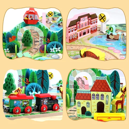 Miniatura 4 de Juego de tren de 18 piezas para niños pequeños, ferrocarril de mesa de madera para niños a partir de 3 años, juguetes de tren portátiles y duraderos