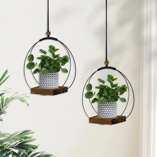 Miniatura 5 de Maceta colgante para plantas de interior, colgador de plantas negro para interiores con base de madera resistente, colgador de plantas de macramé