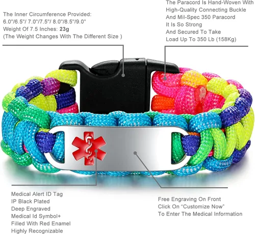 Miniatura 2 de Pulsera de alerta médica Paracord para hombres y mujeres Pulsera de identificación médica de acero inoxidable con hebillas de liberación lateral