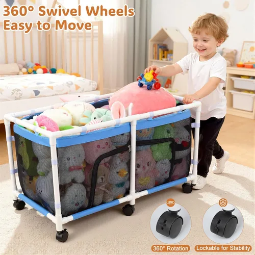 Miniatura 4 de FIOBEE Caja de juguetes para niñas y niños con malla transparente y ruedas giratorias de 360°, cofre organizador de juguetes, fácil instalación