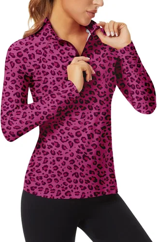 Miniatura 107 de WOWENY Camiseta deportiva de manga larga para mujer, con cremallera de un cuarto, cuello para entrenamiento, camiseta de tenis con estampado
