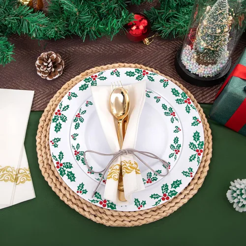 Miniatura 3 de FLOWERCAT Juego de 175 piezas de platos de Navidad y platos de bayas de acebo - Platos desechables de Navidad Incluyen 50 platos de plástico