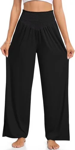 Miniatura 4 de UEU Pantalones holgados casuales de pierna ancha para mujer, pantalones deportivos de yoga de cintura alta, pantalones palazzo con abertura lateral
