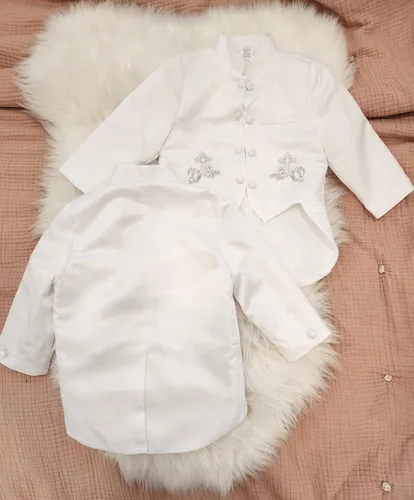 Miniatura 5 de iGilrDress - Cola de cuello mandarín blanco para bautizo y bautizo, 5 piezas, esmoquin con bordado cruzado