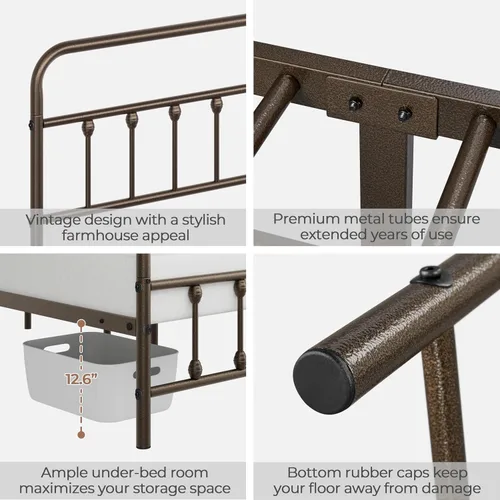 Miniatura 5 de Yaheetech Base de cama clásica de metal con base de colchón con estilo victoriano, cabecera, estribo, almacenamiento debajo de la cama, no necesita
