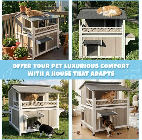Miniatura 9 de Casa de madera para gatos para exteriores e interiores, resistente a la intemperie, refugio para gatos de dos pisos, hogar cerrado para gatos