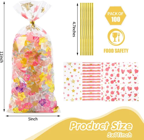 Miniatura 2 de COQOFA 100 bolsas de celofán de celofán de 5 x 11 pulgadas, bolsas de regalo de fiesta, bolsas de galletas de caramelo rosa, bolsas de plástico Oro