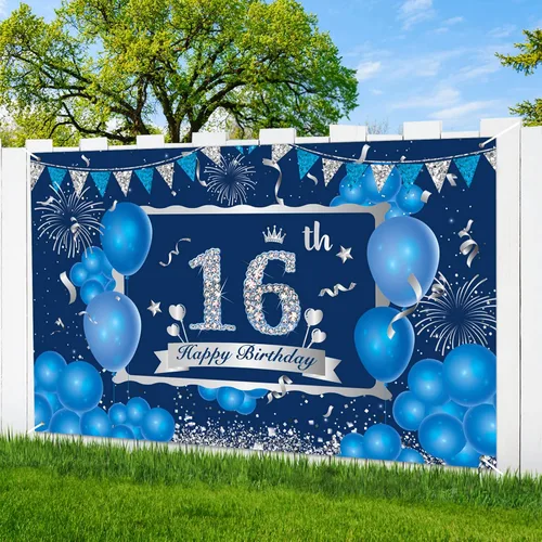 Miniatura 7 de Decoraciones de feliz cumpleaños número 16, pancarta azul y plateada y suministros de fiesta para uso en exteriores e interiores, 72.8 x 43.3