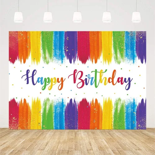 Miniatura 2 de AIBIIN Pintura de fondo de feliz cumpleaños de 7 x 5 pies, suministros de decoración de fiesta de arco iris, confeti colorido, grafiti, pared