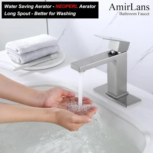 Miniatura 4 de Grifo de baño de un solo agujero, grifo de baño de acero inoxidable de níquel cepillado con tapón emergente, grifo de lavabo de baño AML-1141-BN