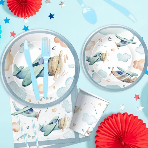 Miniatura 6 de Suministros para fiesta de cumpleaños de avión – Vajilla de decoración de aviones, plato de papel, taza, servilleta, tenedor, vajilla de baby shower