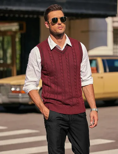 Miniatura 4 de COOFANDY Suéter para hombre, cuello en V, ajustado, casual, sin mangas, tejido trenzado