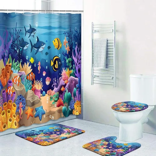 Britimes Juego de 4 cortinas de ducha, diseño de pez océano azul con alfombras antideslizantes, tapa de inodoro y tapete de baño, para decoración de