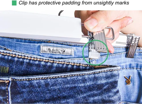 Miniatura 5 de Amber Home Paquete de 10 perchas de madera de color blanco sólido de 14.17 pulgadas para pantalones, pantalones y jeans con 2 clips ajustables
