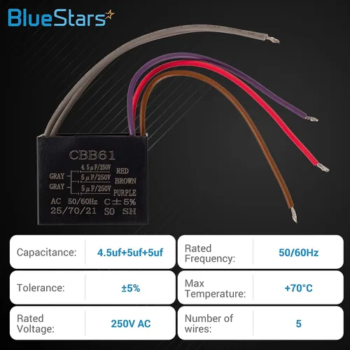 Miniatura 2 de BlueStars - Condensador de ventilador de techo CBB61 de 4.5uf+5uf+5uf de 5 cables y 250 V CA, paquete de 1, repuesto para ventilador de techo