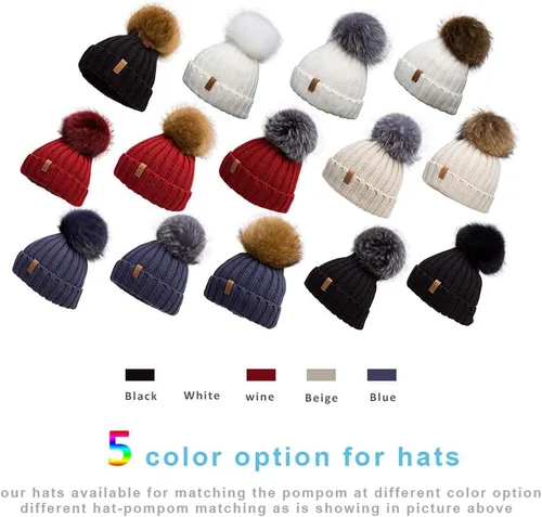 Miniatura 3 de Gorro de invierno de punto con pompón de piel para mujer