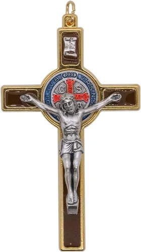 Miniatura 4 de Colgante de crucifijo de San Benito, base dorada con detalles de esmalte de colores, 3.25 pulgadas de alto, patrón de los estudiantes, gran regalo