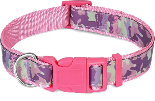 Collar para perras chicas, medianas y grandes; collar rosa de nailon brillante, con hebilla de liberación rápida, suave para mascotas